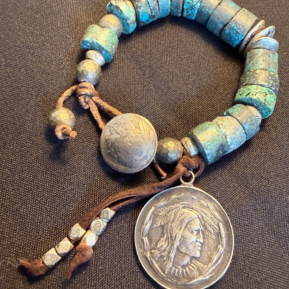 Handmade Turquoise Bead Bracelet Indian Head Nickel Clasp Askew Saddlery Charm